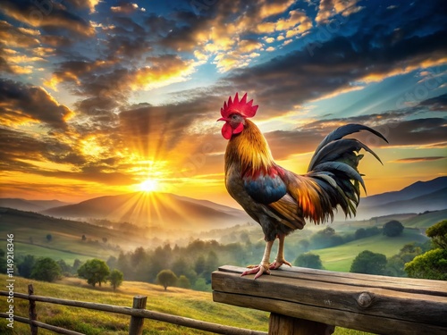 Majestic Rooster on Perch: Double Exposure Sunrise Stock Photo photo