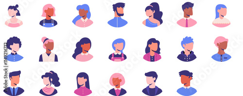 set of avatar cartoon user profile image collection for UI mobile Male and female faces. Men and women portraits. Unknown or anonymous person illustrations