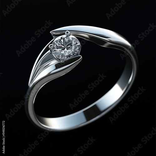 Elegant solitaire diamond engagement ring on black background