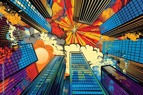 downtown city skyline comic book art style. digital art illustration