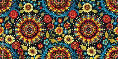 Vibrant floral pattern featuring intricate designs in bold colors against a dark background.