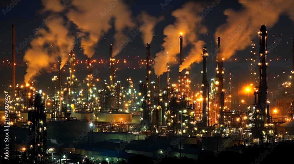 Fototapeta premium A city skyline at night with many factories and a lot of smoke. The smoke is coming from the factories and the city is lit up with lights