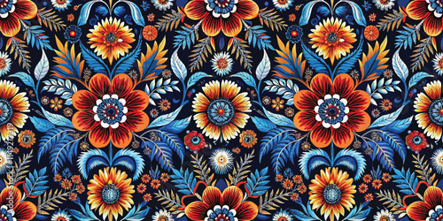 Vibrant floral pattern with bold colors and intricate details on a dark background, showcasing artistic design.