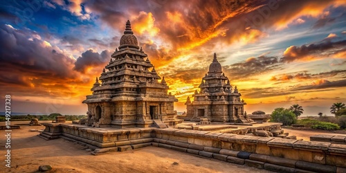 Majestic Shore Temple, Mahabalipuram, India: Panoramic Portrait Photography