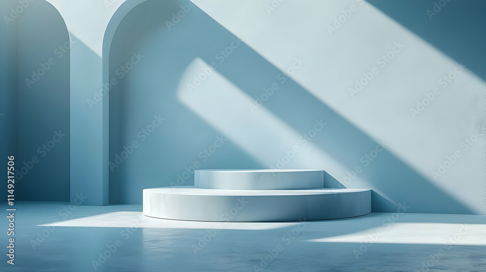 Obraz premium A minimalist interior with curved steps and soft lighting, ideal for presentations or displays.