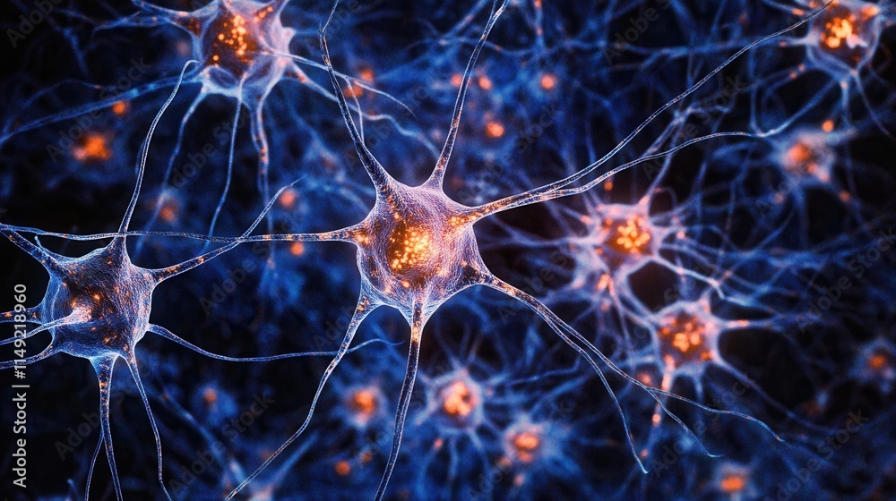 custom made wallpaper toronto digitalMicroscopic View of Neuron Network Intricate Neural Connections in Vibrant Blue and Orange Hues.