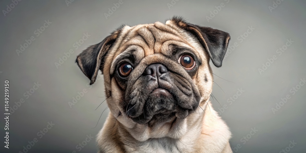 Obraz premium Pug Dog with Gray Fur Exposing Half Head, facial expression, playful, facial expression, playful, half head, cute, animal, loyal, gray fur
