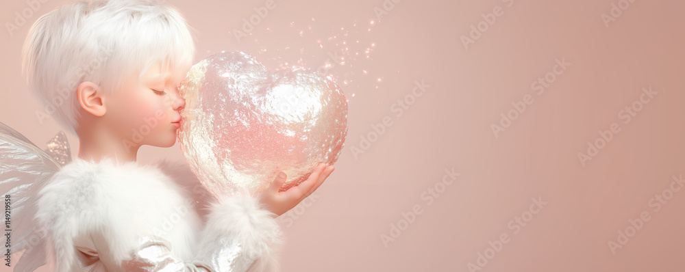 Fototapeta premium happy winged boy kisses large, mystic heart, radiating joy