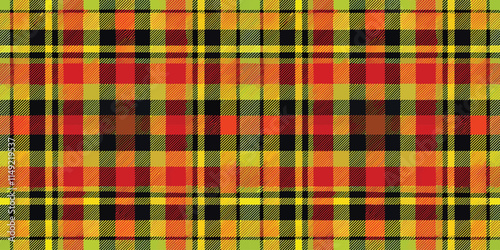 Vibrant plaid pattern featuring bold colors like red, yellow, and black, perfect for textiles or fashion design.