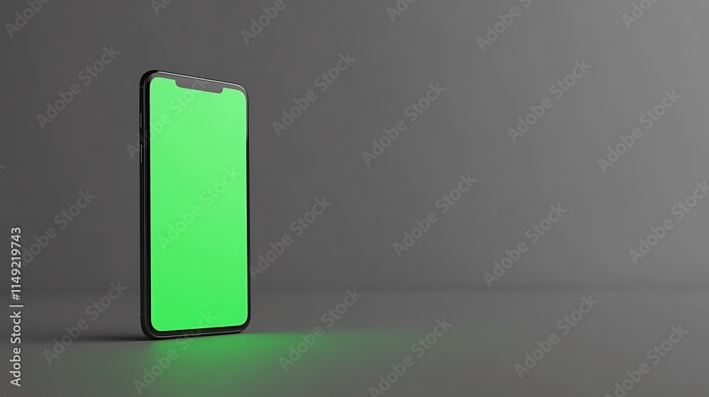 Mockup smartphone with green screen standing sideways on a smooth grey background Mockup smartphone with green screen standing sideways on a smooth grey background