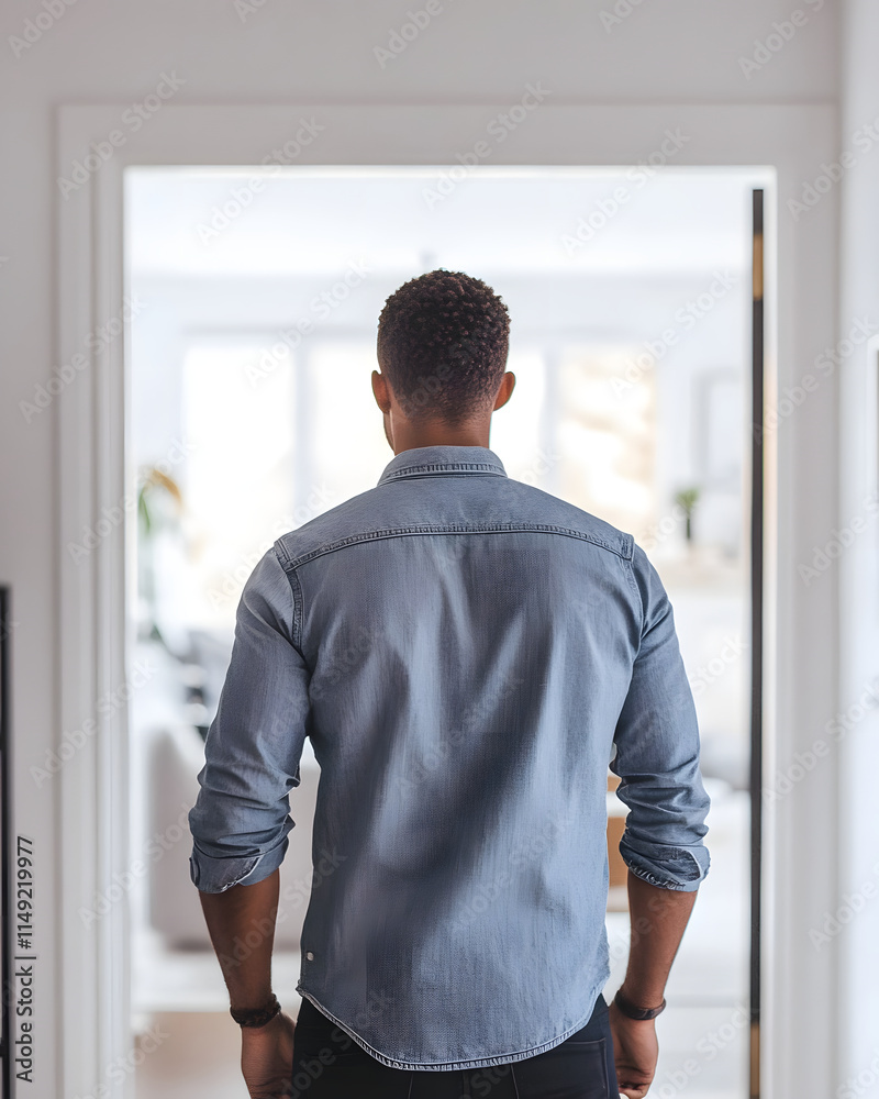 Man in Light Blue Denim Shirt Standing in Doorway Man in Light Blue Denim Shirt Standing in Doorway