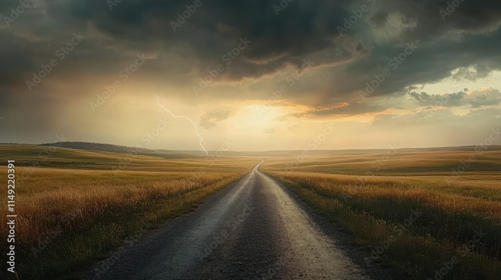 A dramatic visual of a desolate country road leading into a tempestuous horizon, storm clouds towering with vivid texture and depth, lightning streak faintly visible, blending natural light and shadow A dramatic visual of a desolate country road leading into a tempestuous horizon, storm clouds towering with vivid texture and depth, lightning streak faintly visible, blending natural light and shadow
