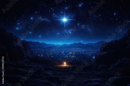 Starry night scene over desert hills. Shining Bethlehem star above dark mountains. City lights visible below. Religious scene Jesus birth. Nighttime landscape. Silent worship. Hope, faith in birth of photo