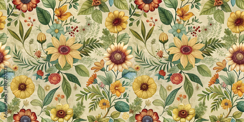 A vibrant floral pattern featuring a mix of sunflowers, daisies, and intricate greenery in warm autumn colors.
