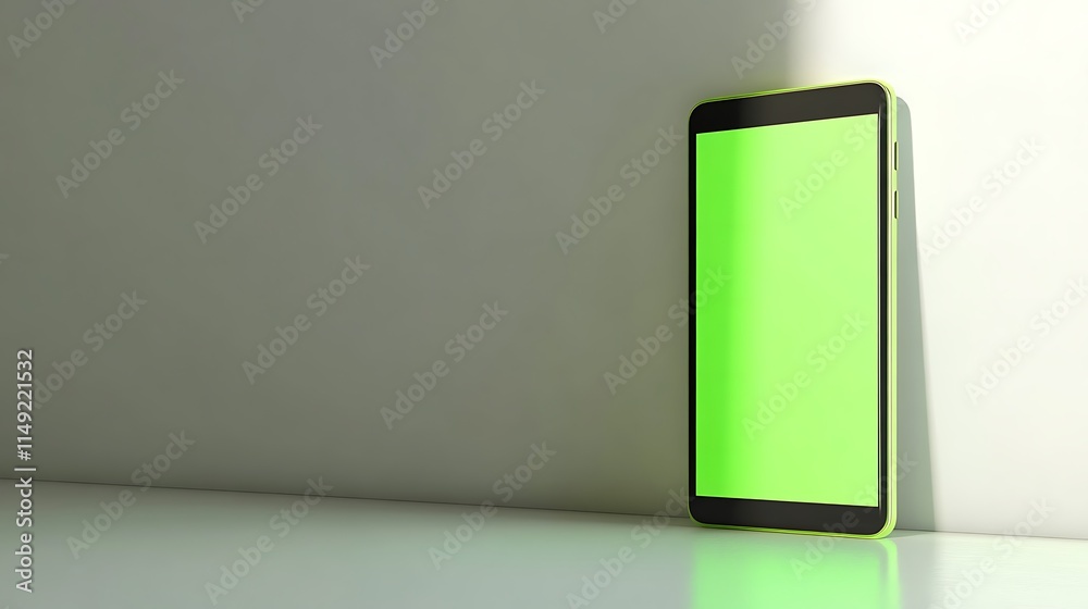 Smartphone mockup with a clean green screen standing sideways on a light grey background Smartphone mockup with a clean green screen standing sideways on a light grey background