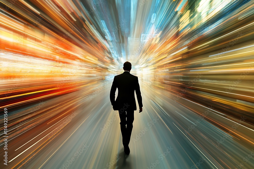 Businessman walking into the future. Concept of progress, innovation, and leadership. Businessman walking into the future. Concept of progress, innovation, and leadership.