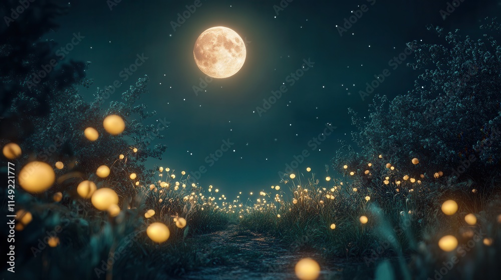 Fototapeta premium Enchanting Moonlit Path Glowing Flowers and Tranquil Night Scene - Dreamy Fantasy Landscape