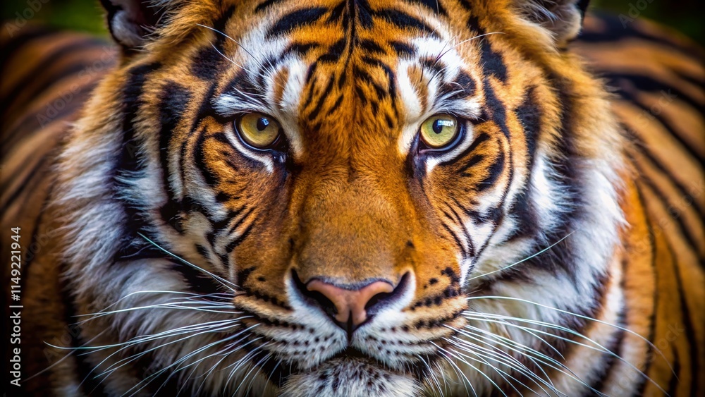 Fototapeta premium Majestic Tiger Close-Up: Wild Feline Face with Striking Stripes and Predatory Gaze in Natural Habitat