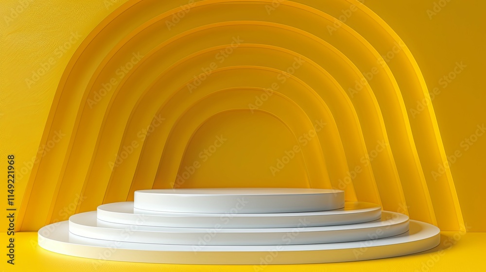 Fototapeta premium Abstract 3D rendering of a white tiered display platform against a yellow arched background.
