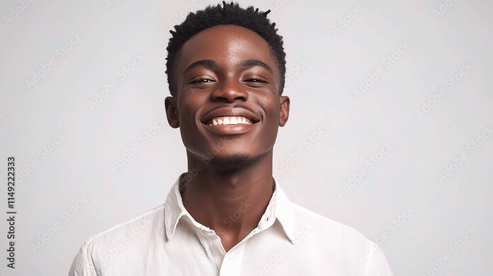 Obraz premium Smiling African Man with Short Hair in White Shirt Against Plain Background