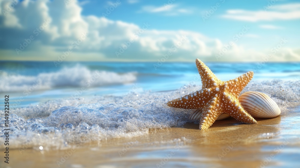 Starfish and Seashell on Sandy Beach Starfish and Seashell on Sandy Beach