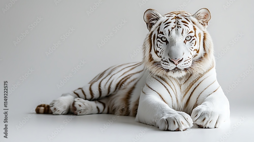 Obraz premium Majestic white tiger with brown stripes lying down, gazing intensely.