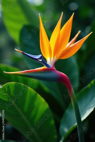 Close-up of Bird of Paradise flower with large wingspan surrounded by lush tropical foliage , ornamental, green