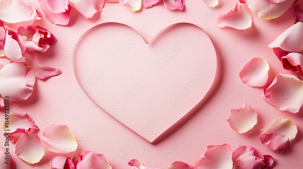 Flatlay: A soft pink background with a large, empty heart shape in the center, surrounded by scattered rose petals and love notes Flatlay: A soft pink background with a large, empty heart shape in the center, surrounded by scattered rose petals and love notes