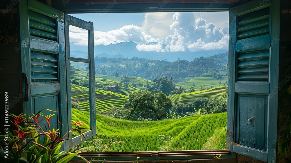 Fototapeta premium Verdant Rice Terraces Viewed Through an Open Rustic Window