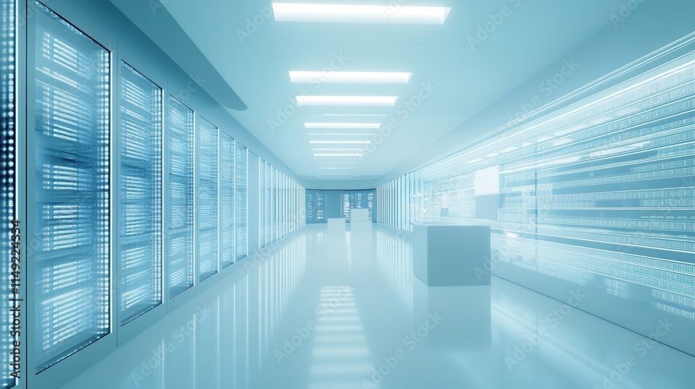 Obraz premium Futuristic Server Room Corridor Modern Data Center Interior with Illuminated Data Streams on Walls and Glass-Paneled Servers