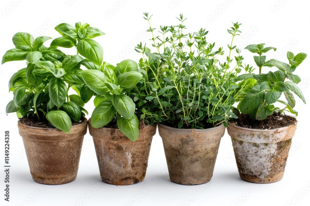 Fresh herbs growing in small pots Fresh herbs growing in small pots