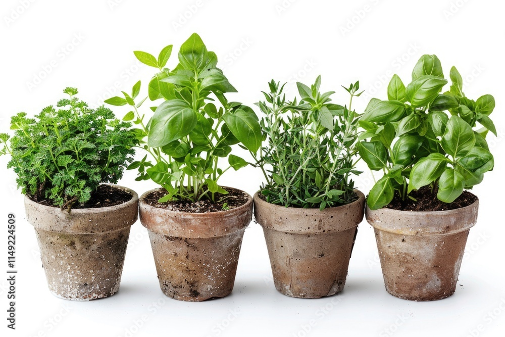 Fresh herbs growing in small pots Fresh herbs growing in small pots