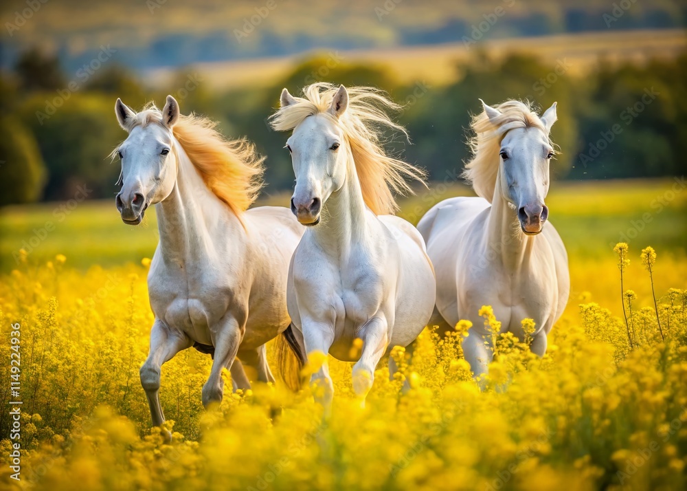 Obraz premium Majestic White Horses Galloping Through Sunlit Yellow Wildflowers - Bokeh Photography