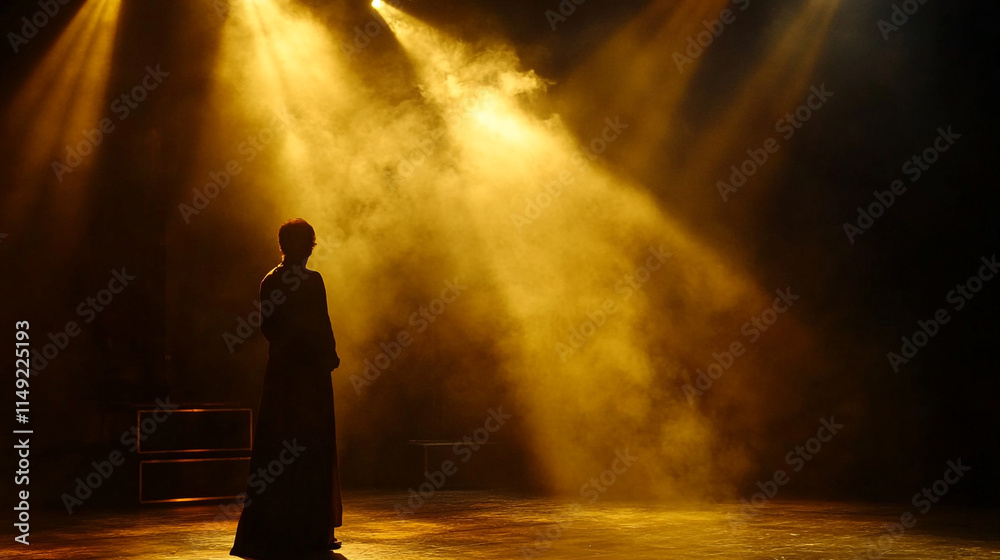 Dramatic silhouette in spotlight surrounded by mist on stage. 
