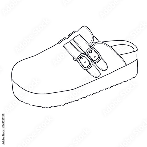 Women's Mules Heeled Memory Foam Shoes Line art, Technical sketch hand drawing outline vector doodle Side 3D Isometric view isolated on white background for coloring page