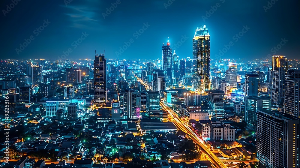 Fototapeta premium Night cityscape, vibrant city skyline, illuminated .