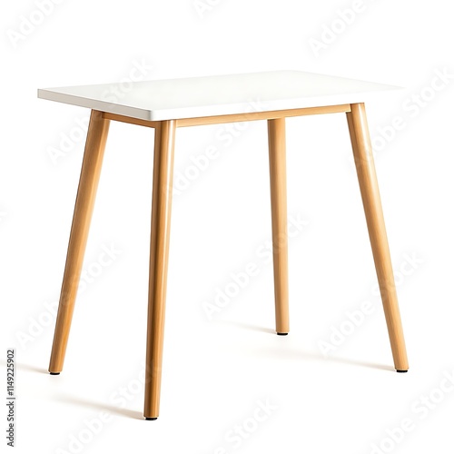 scandinavian-style desk with wooden legs isolated on white background photo