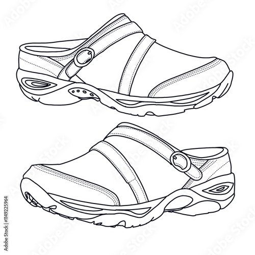 Women's Mules shoes with strap Line art, Technical sketch hand drawing outline vector doodle Side 3D isometric view isolated on white background for coloring page