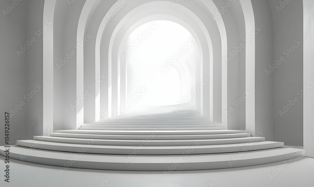 A minimalist staircase leading to bright arches, creating a serene and ethereal atmosphere. A minimalist staircase leading to bright arches, creating a serene and ethereal atmosphere.