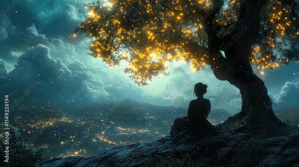 Obraz premium Woman Silhouetted Under a Magical Tree at Night, Overlooking a City
