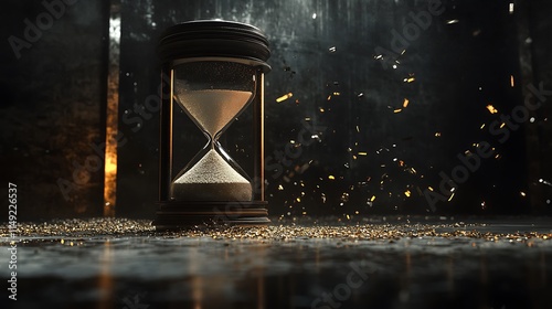 Hourglass with grains of sand flowing steadily towards a deadline with space for copy
