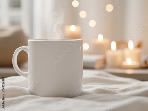 mug mockup for valentine day, A cozy scene featuring a steaming cup of coffee against a backdrop of warm candlelight and soft fabric, perfect for relaxation. photo