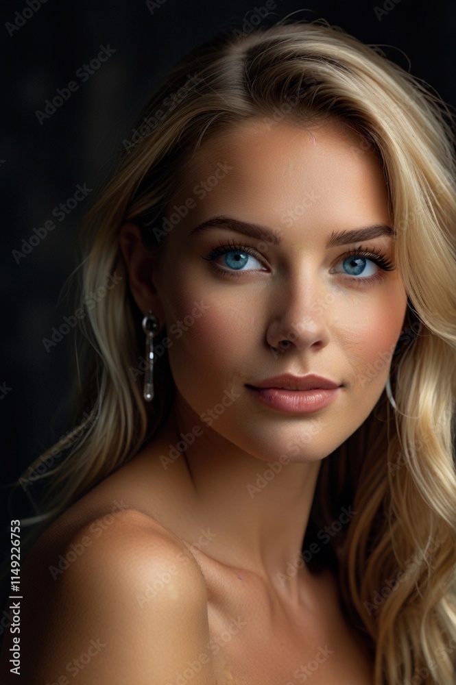 Obraz premium Beautiful blonde woman showcasing radiant skin, deep blue eyes, and silky hair. The photo highlights her exotic features in a captivating beauty concept.