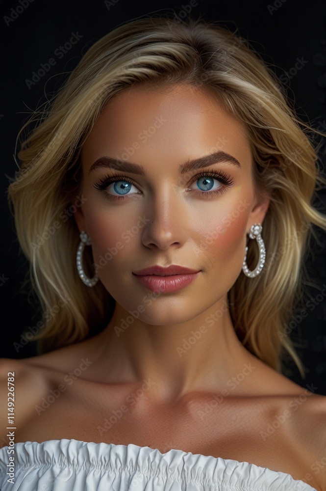 Fototapeta premium A stunning blonde woman with mesmerizing blue eyes, captured in a beauty shot from above the head to the chest. Her glowing skin and golden hair exude elegance and charm.