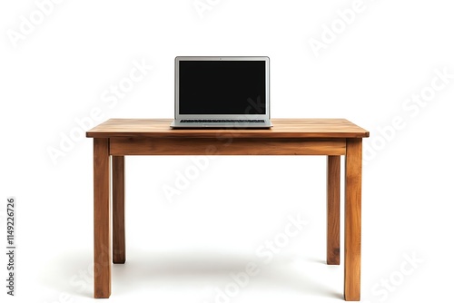 wooden desk with laptop isolated on white background photo