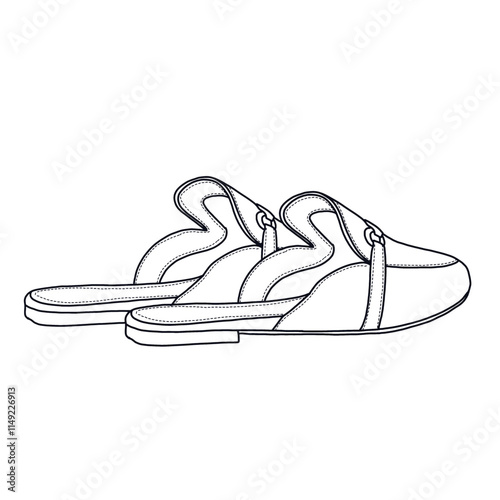 Women's Mules Buckle Flats Comfortable Slip on shoes Line art, Technical sketch hand drawing outline vector doodle rear view isolated on white background for coloring page