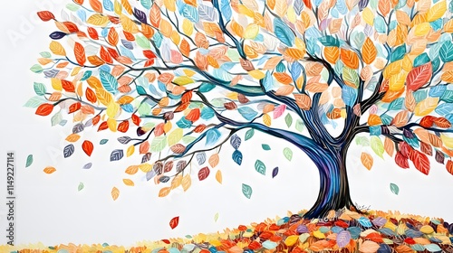 Line drawing of a tree with colorful leaves in autumn