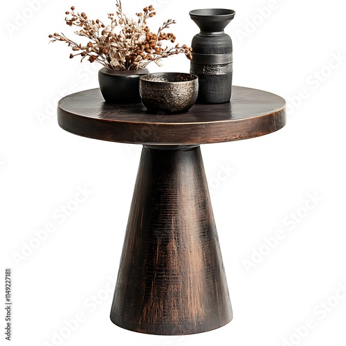 wooden accent table with decorative items isolated on white background photo