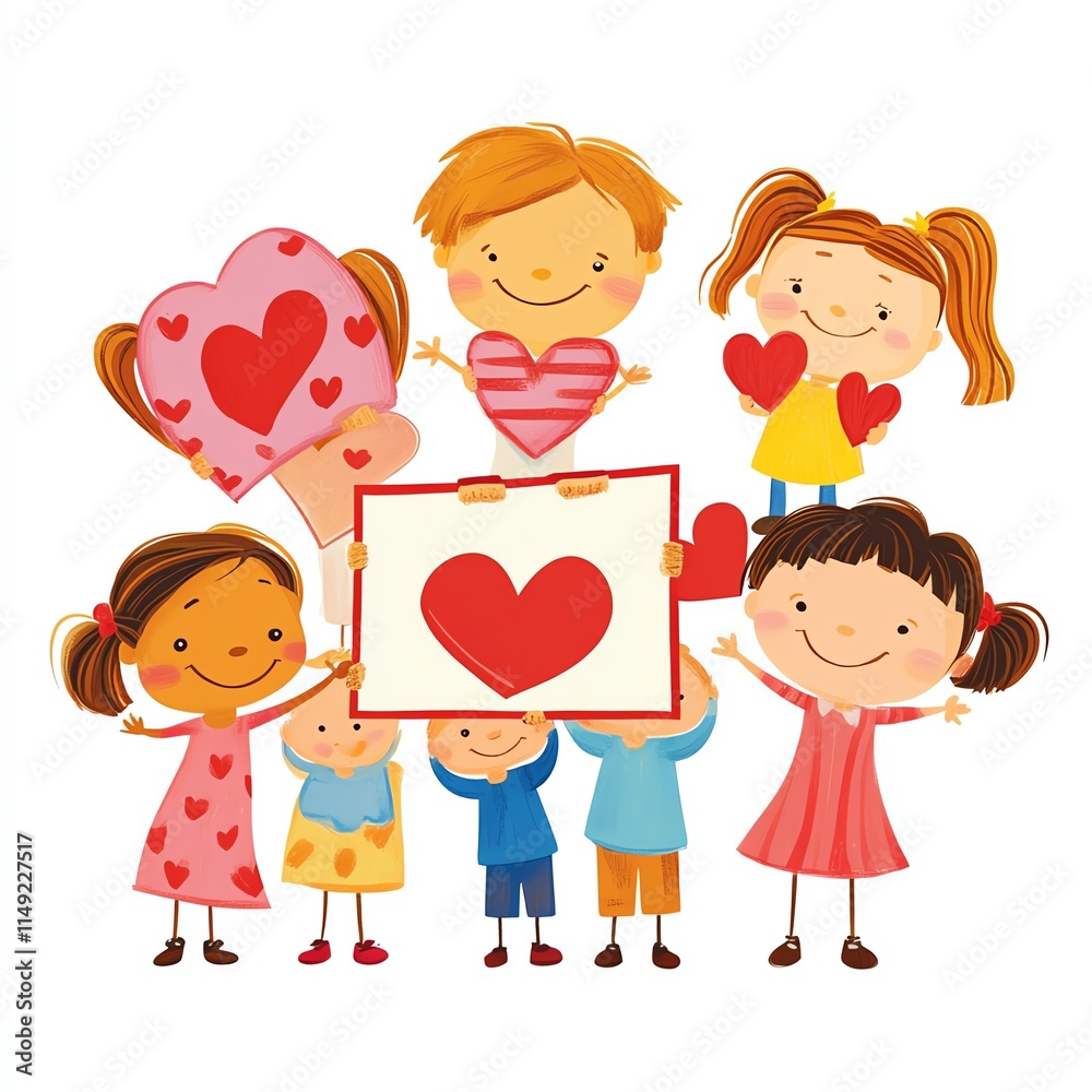 A cheerful group of children holding hearts and expressing love and friendship. A cheerful group of children holding hearts and expressing love and friendship.