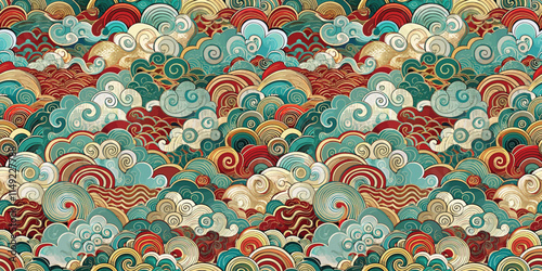 An intricate pattern of colorful waves, featuring swirls and curls in teal, red, gold, and cream.